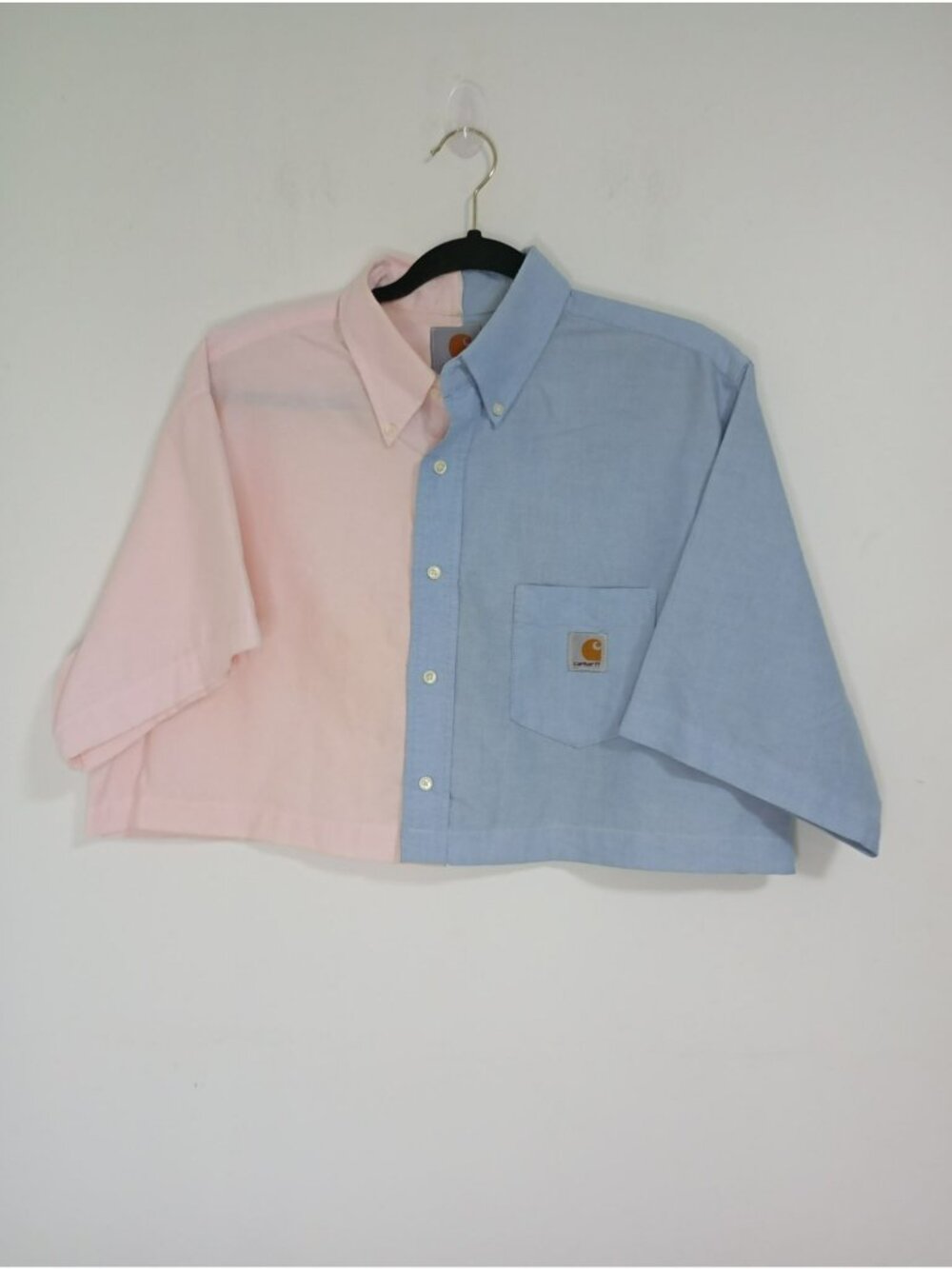 Carhartt Colorblock Button-Up Shirt Cropped Pink Blue Free Size Cotton Blend